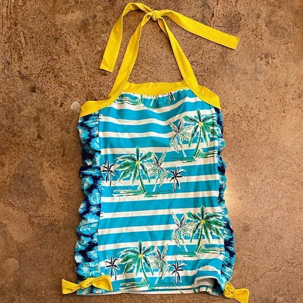 LIME Ricki yellow and aqua tropical striped print halter tankini swim top